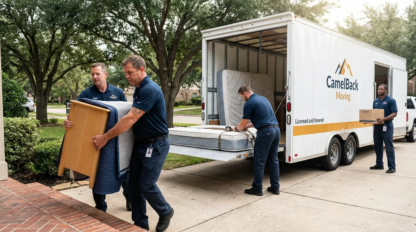 Crew loading residential truck for cross-state move from Jarales, NM