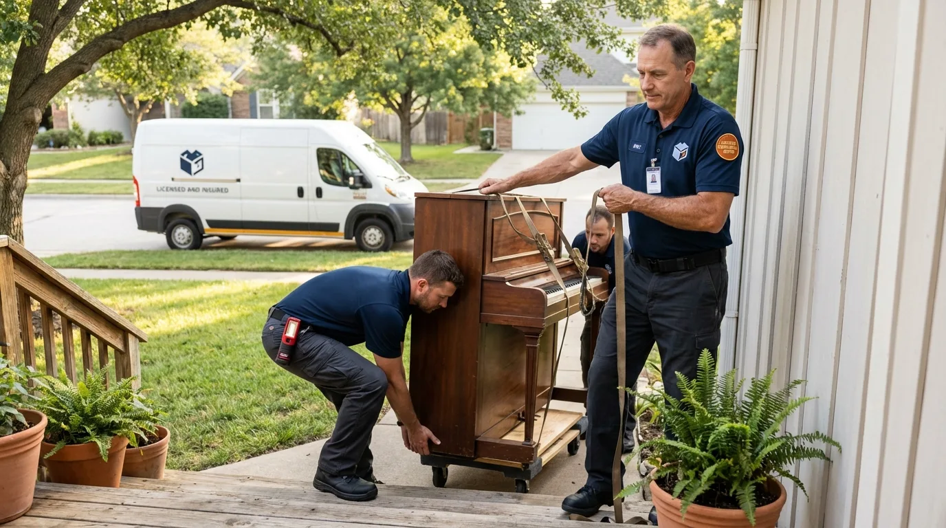 Licensed piano movers securing grand piano in Jarales, NM