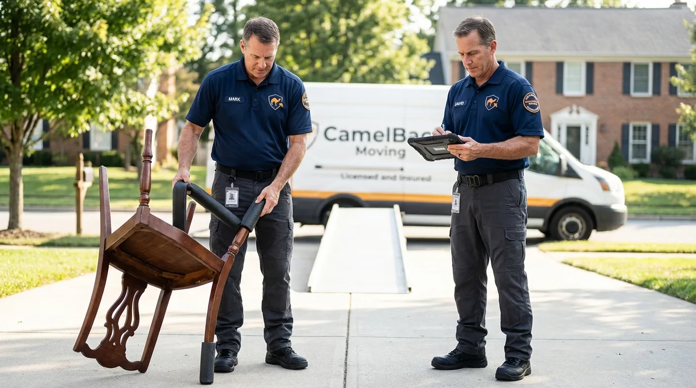 Movers inspecting furniture for damage prevention before loading in Jarales, NM