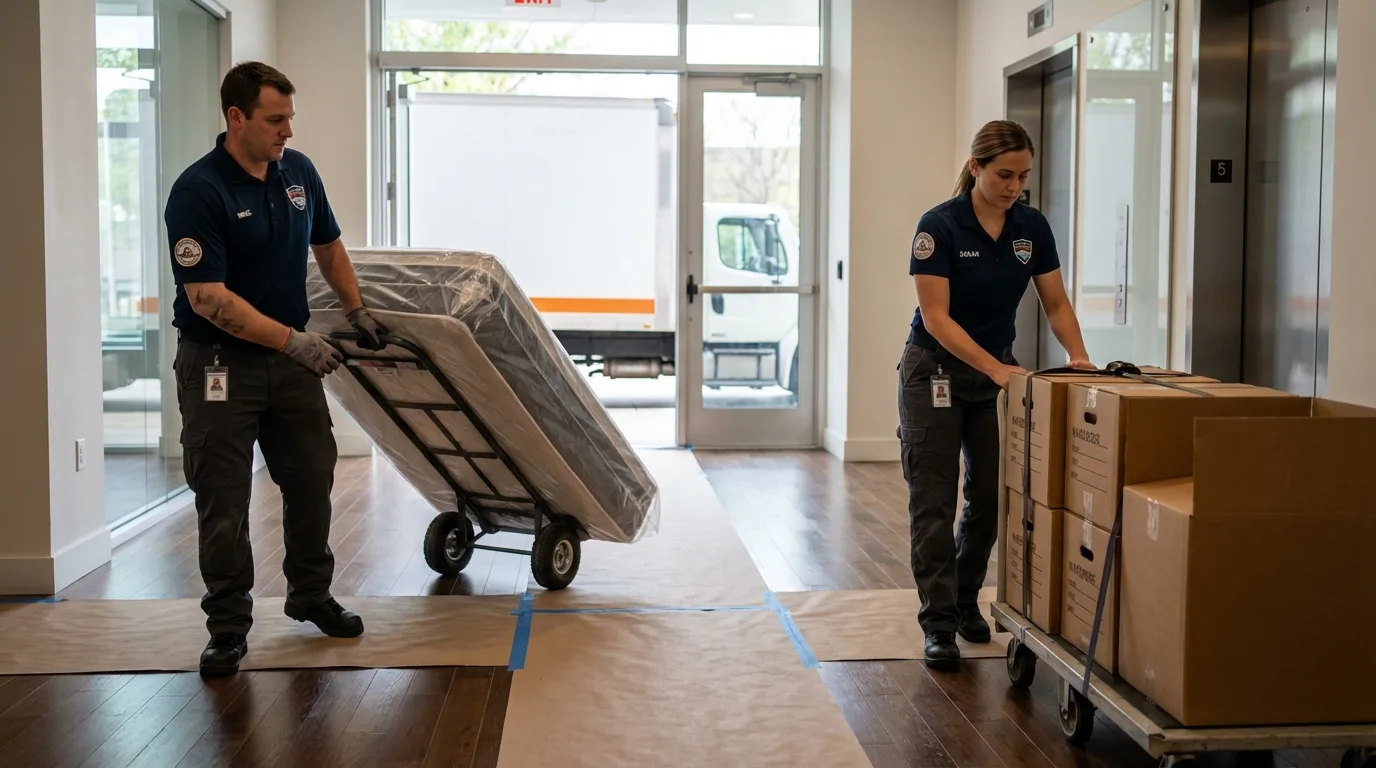 Professional apartment movers loading elevator in Jarales, NM