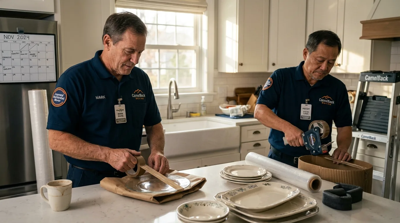 Professional crew packing kitchen dishware in Jarales, NM